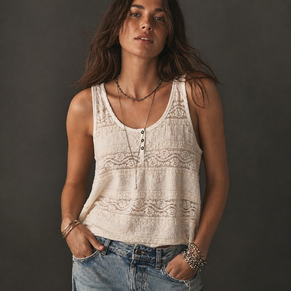 H&M Ivory Lace Boho Large L Tank Top Cowgirl Prairie Festival Boho Beachy